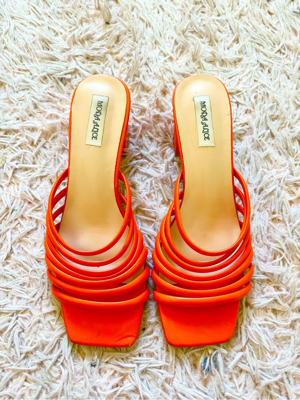 Orange Strappy Square-Toe Slide Heels
